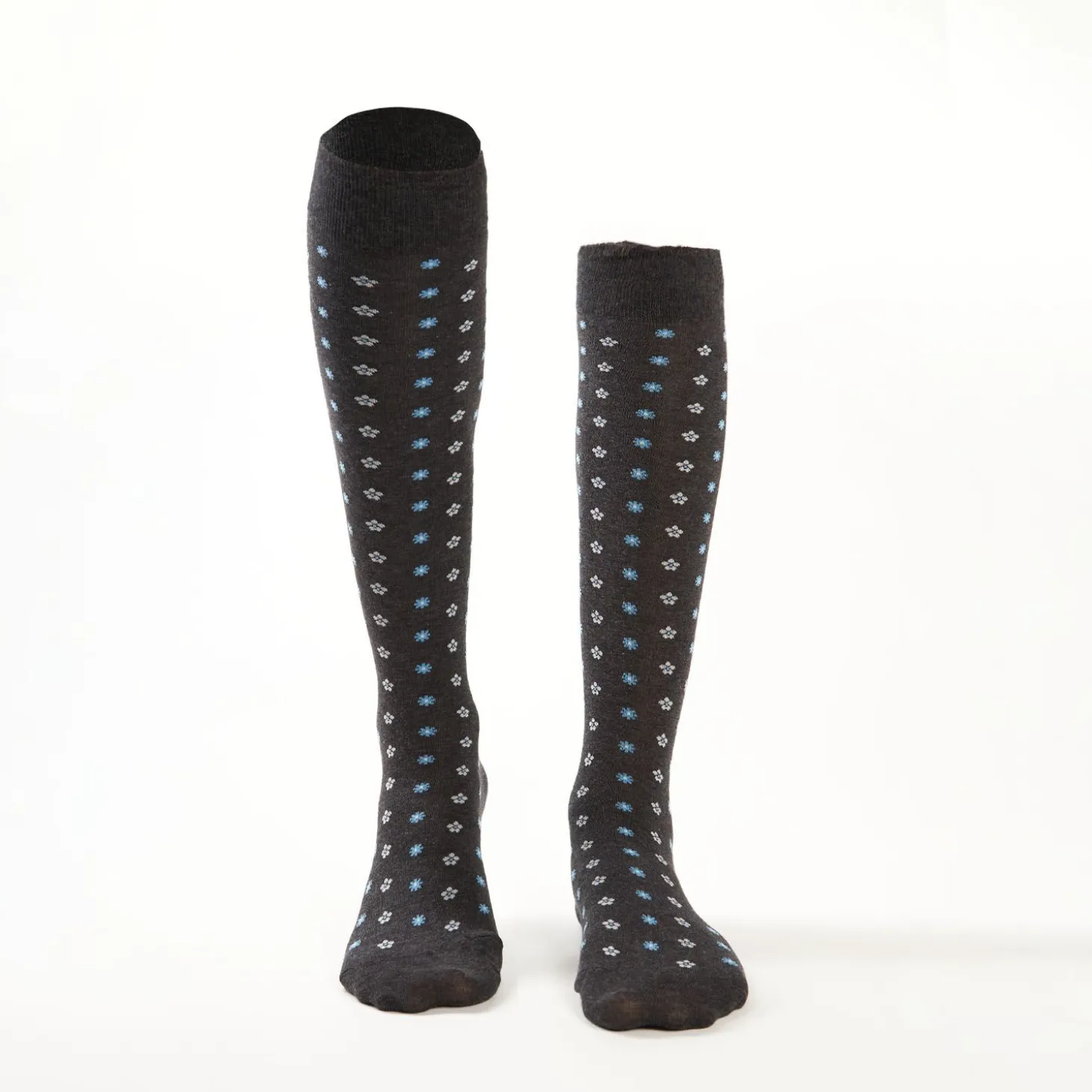 Long Grey Cotton Socks - Small Flower Pattern