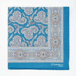 Mid Blue Hand-Printed Silk Pocket Square - Paisley Pattern