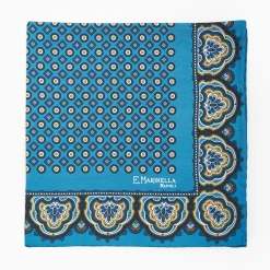 Mid Blue Hand-Printed Silk Pocket Square Large Flower Pattern