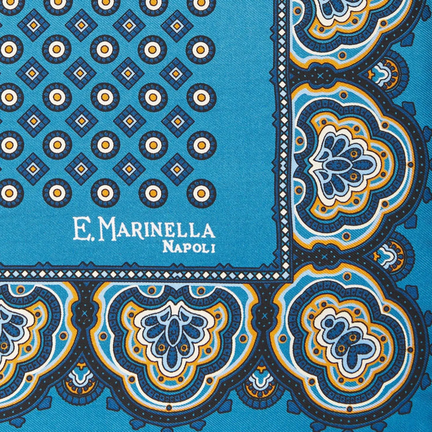 Mid Blue Hand-Printed Silk Pocket Square Large Flower Pattern