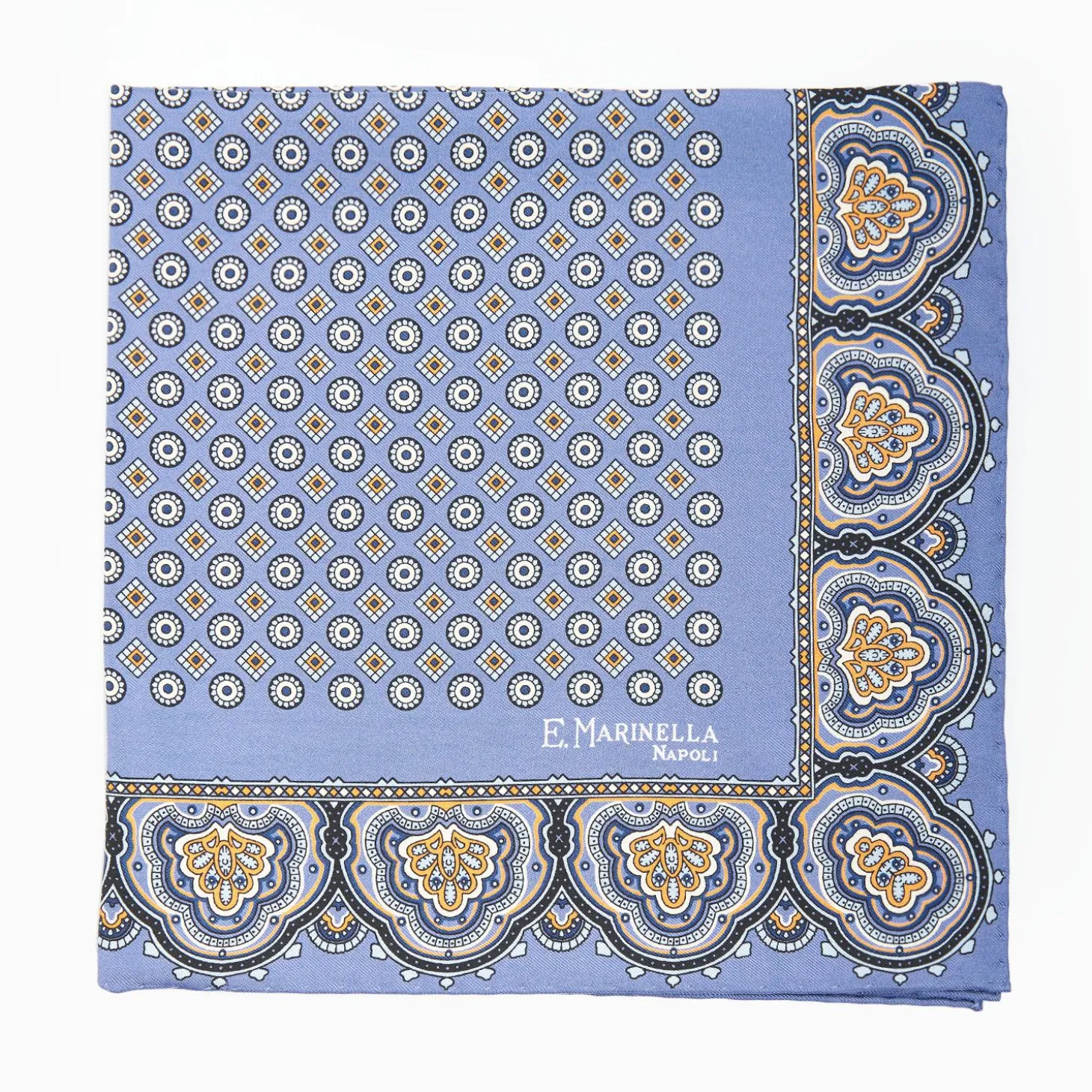 Mid Blue Hand-Printed Silk Pocket Square Small Flower Pattern