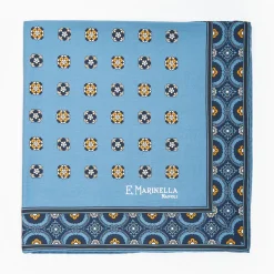 Mid Blue Hand-Printed Silk Pocket Square Small Flower Pattern