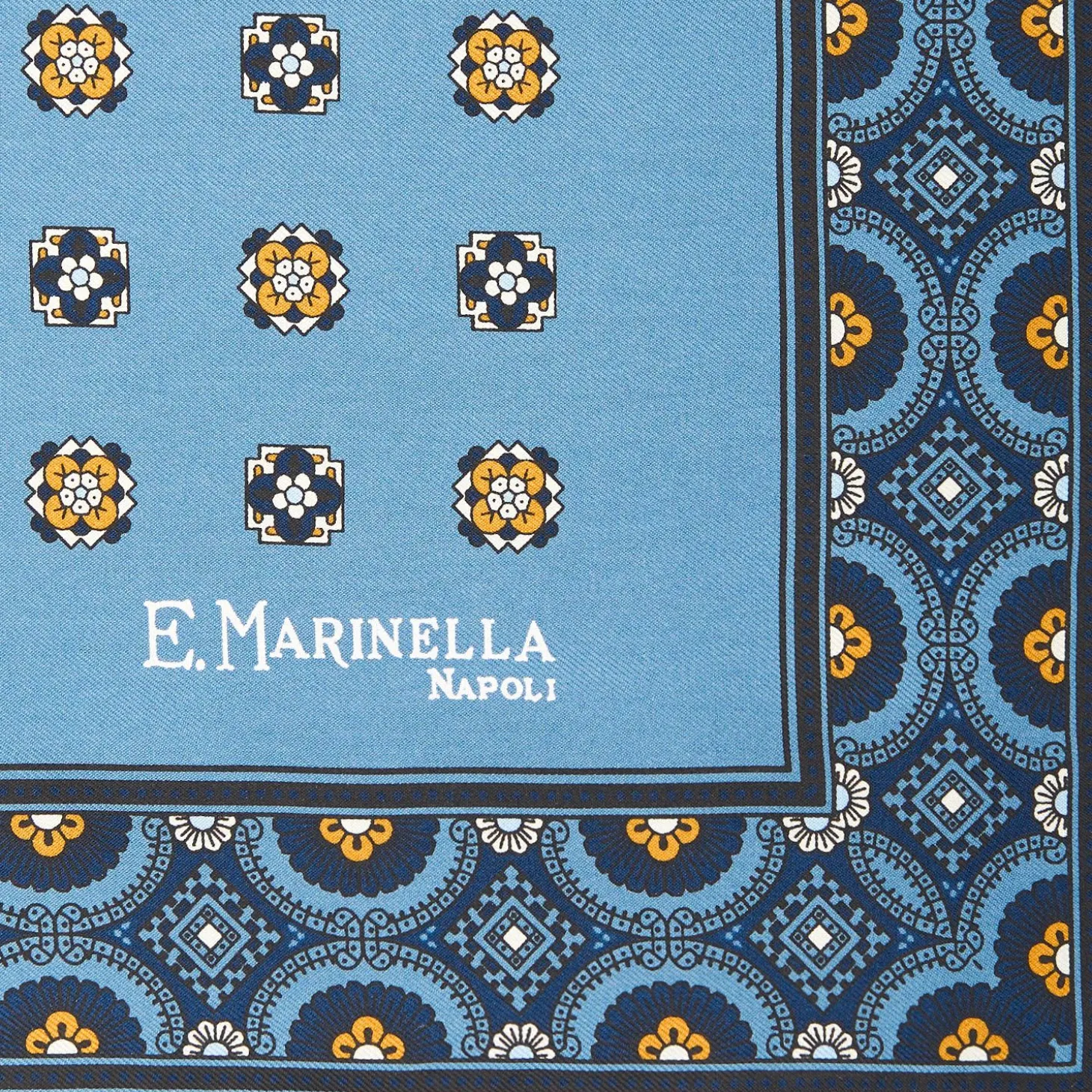 Mid Blue Hand-Printed Silk Pocket Square Small Flower Pattern
