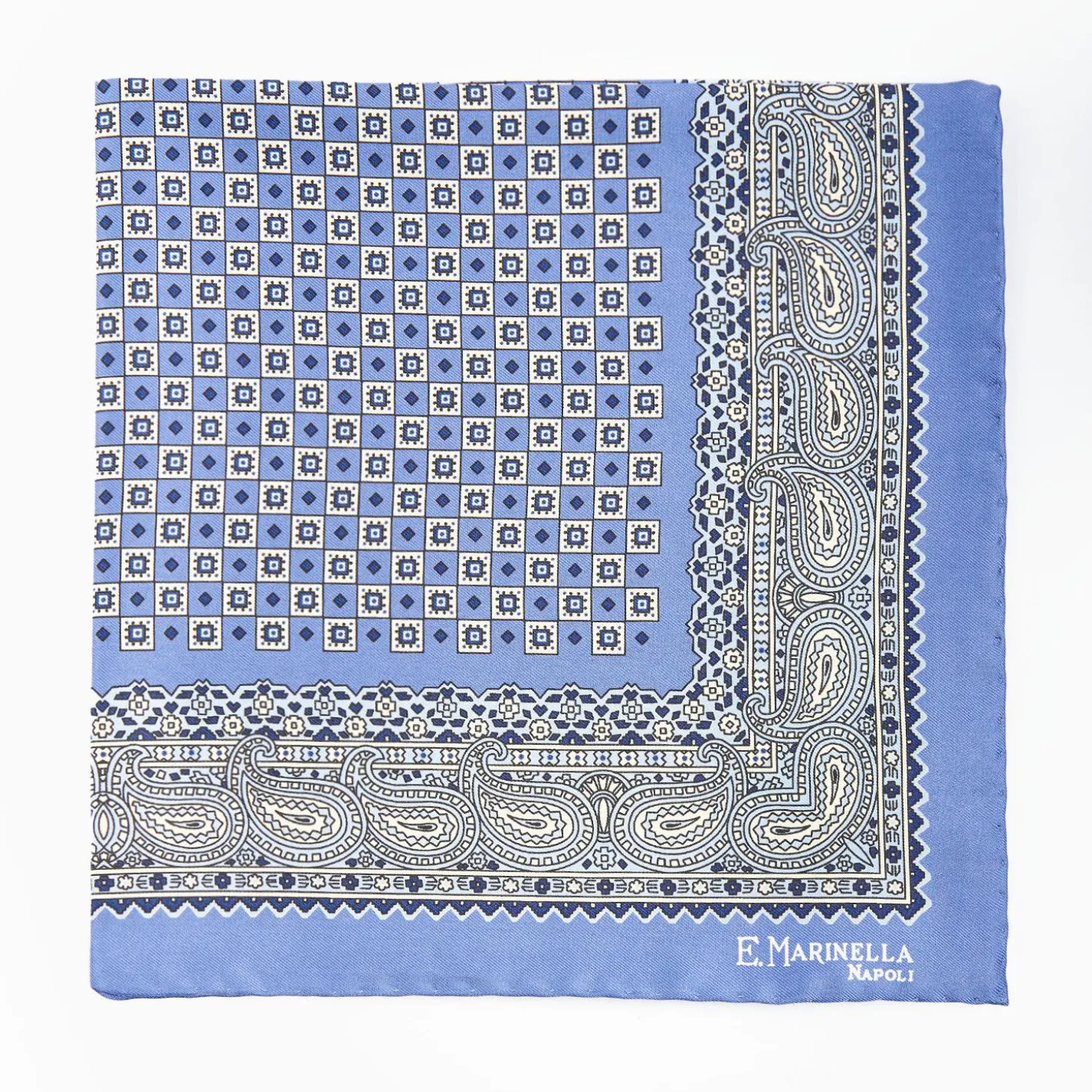 Mid Blue Hand-Printed Silk Pocket Square Small Flower Pattern