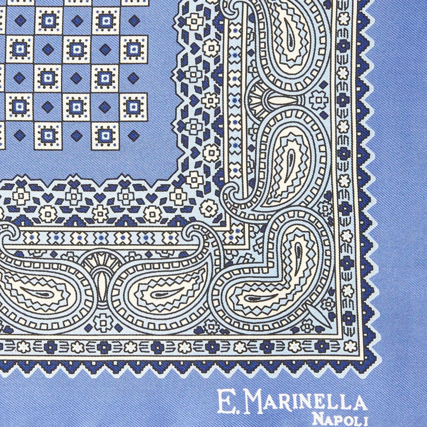 Mid Blue Hand-Printed Silk Pocket Square Small Flower Pattern