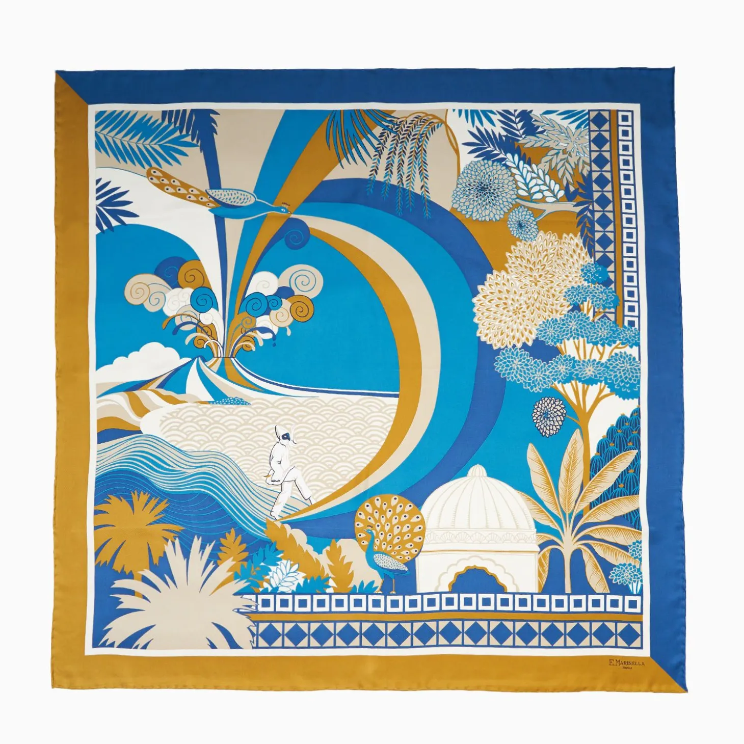 Ochre And Blue Silk Scarf 90 - Pulcinella In Naples