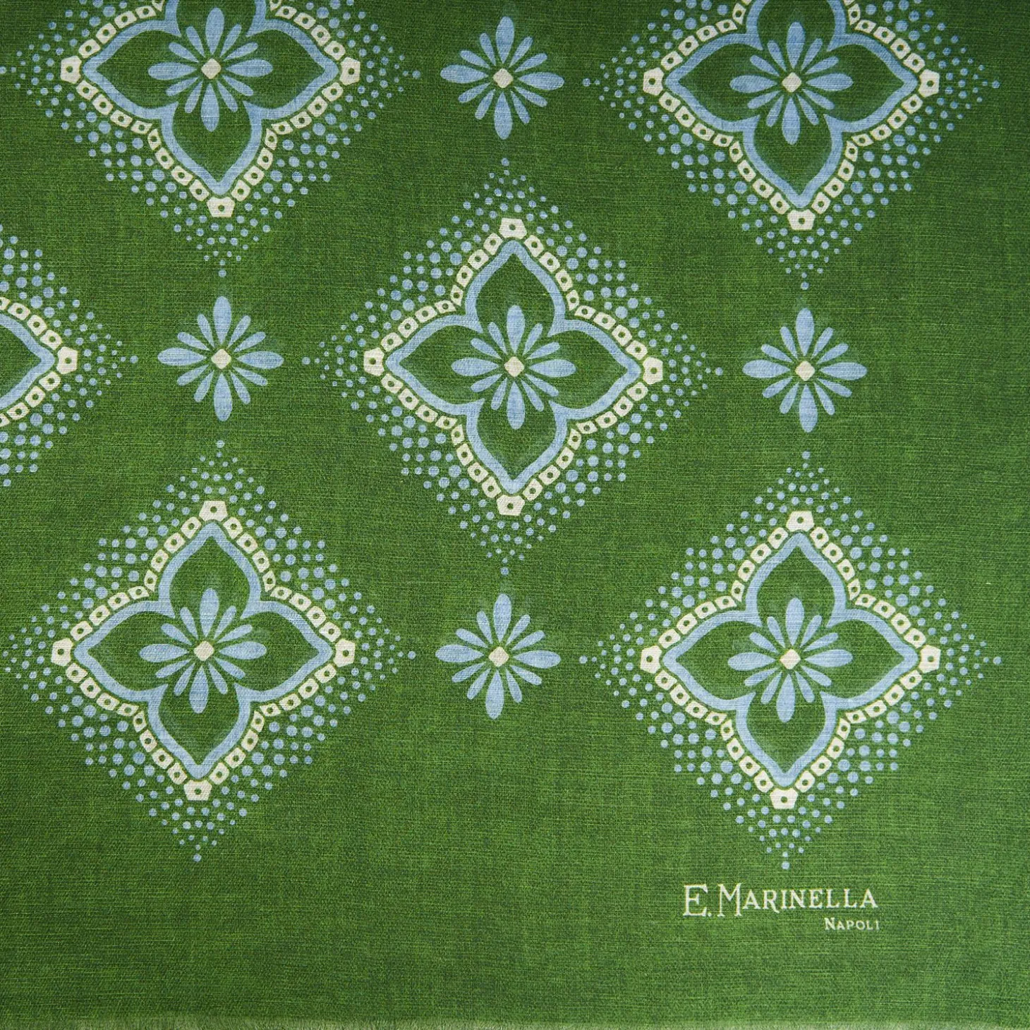 Olive Green Cotton And Linen Scarf - Light Blue Macro Flowers