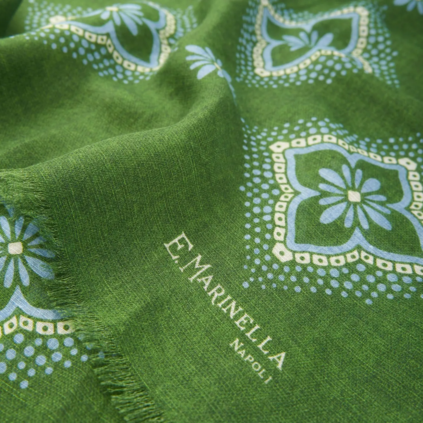 Olive Green Cotton And Linen Scarf - Light Blue Macro Flowers