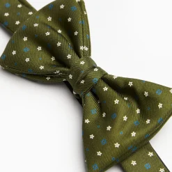 Olive Green Pre-Knotted Bowtie - Small Flower Pattern