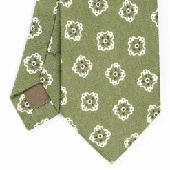 Olive Green Sartorial Linen Tie - Large Flower Pattern