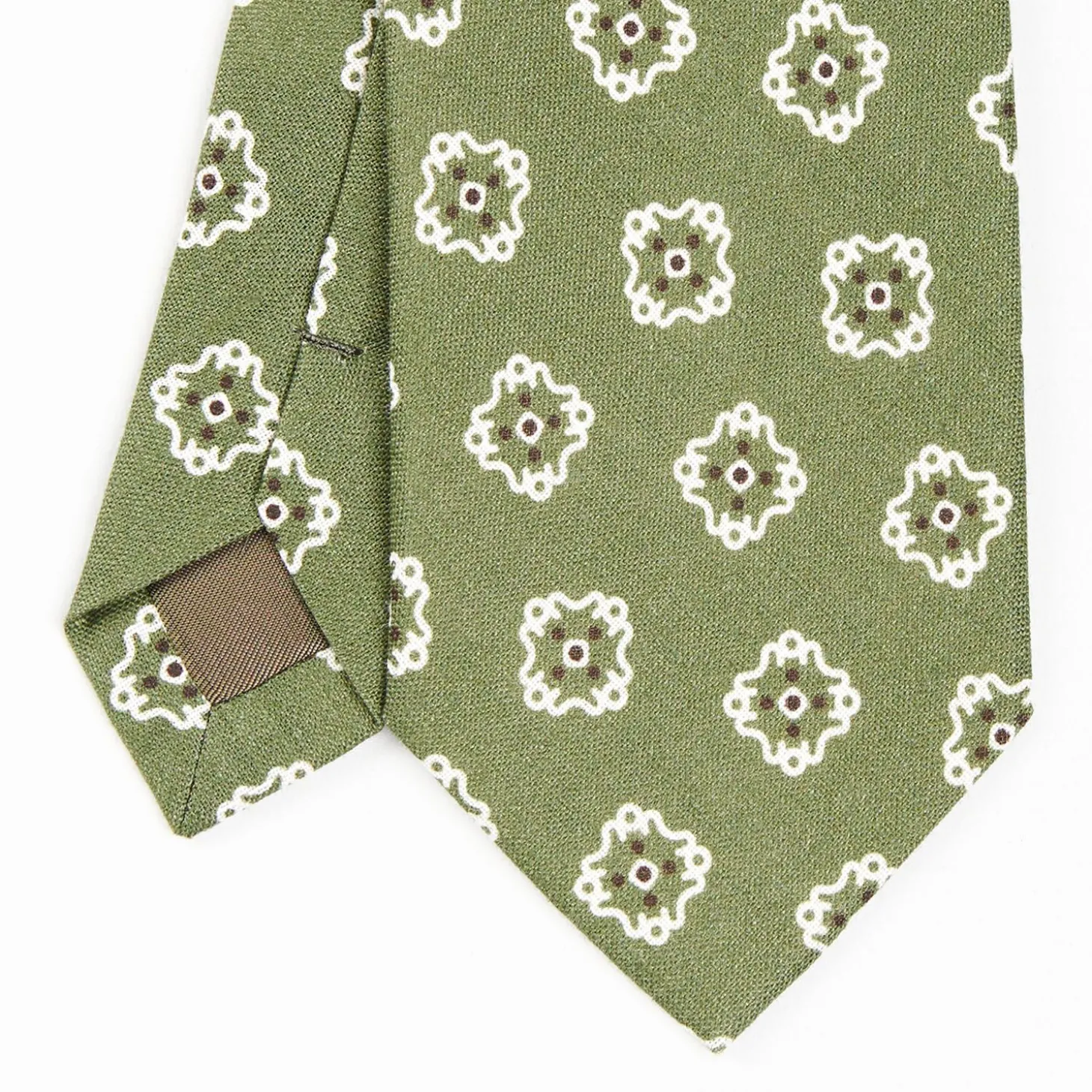 Olive Green Sartorial Linen Tie - Large Flower Pattern
