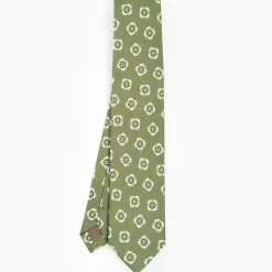 Olive Green Sartorial Linen Tie - Large Flower Pattern