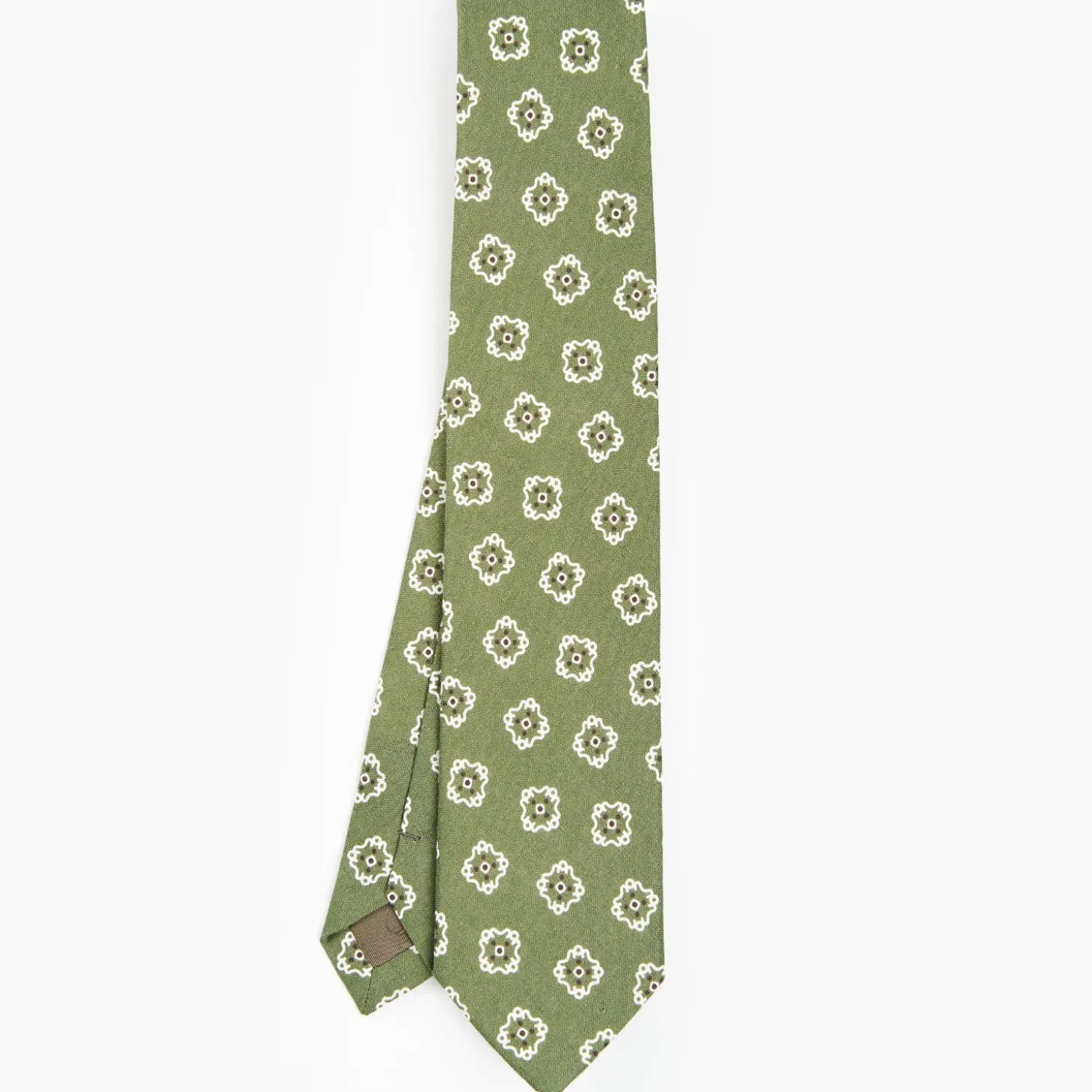 Olive Green Sartorial Linen Tie - Large Flower Pattern