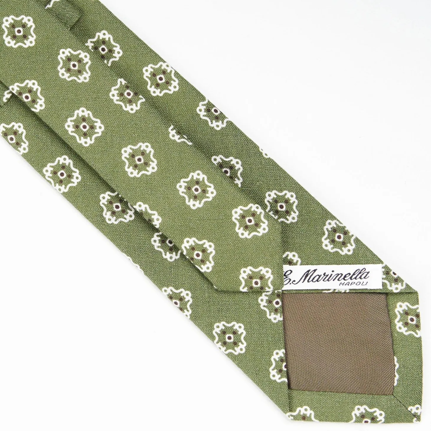 Olive Green Sartorial Linen Tie - Large Flower Pattern