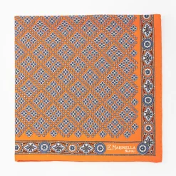 Orange Hand-Printed Silk Pocket Square Large Flower Pattern