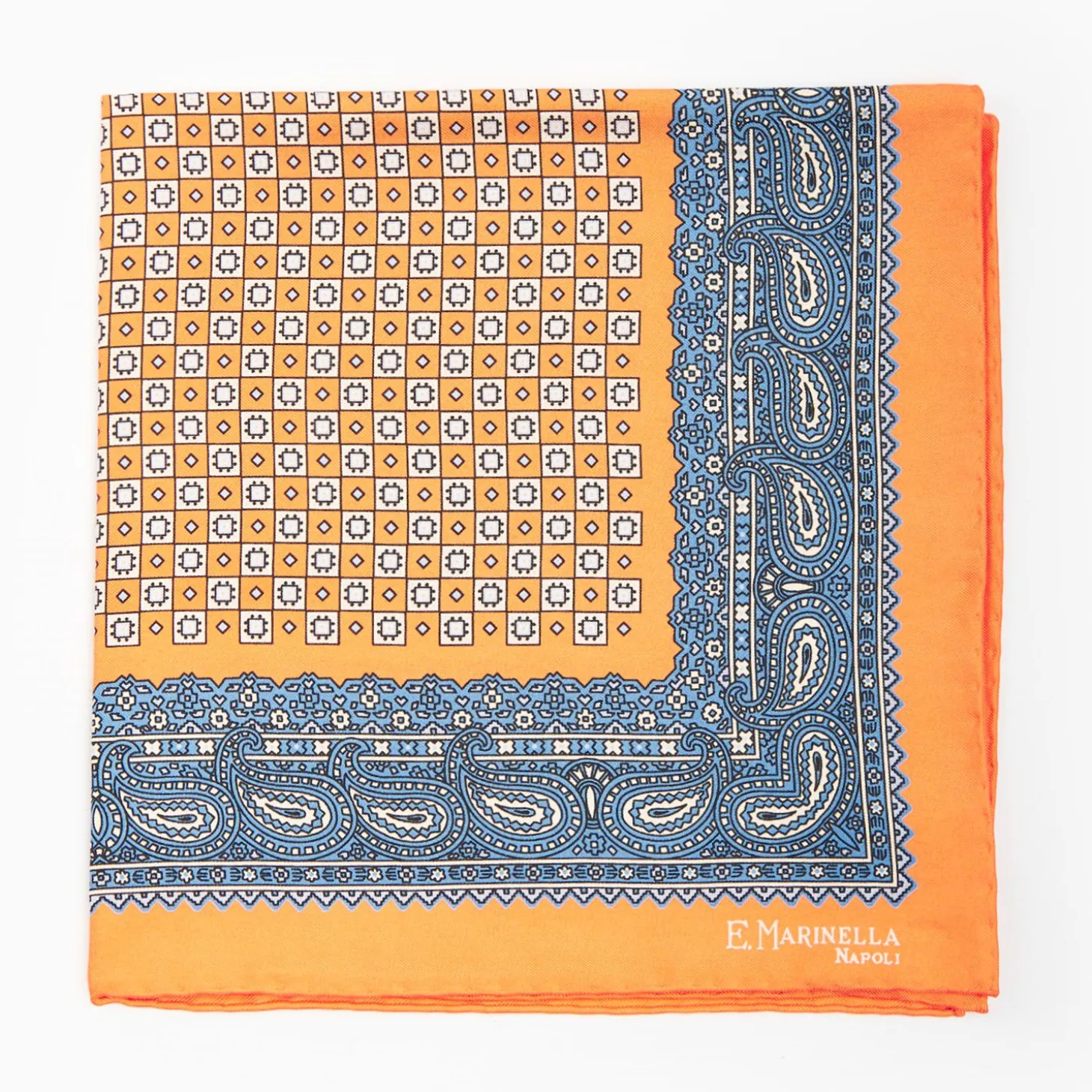 Orange Hand-Printed Silk Pocket Square Large Flower Pattern
