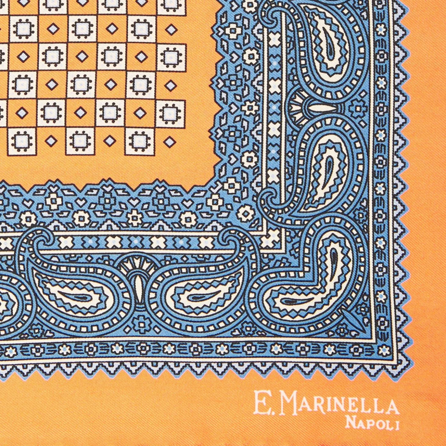 Orange Hand-Printed Silk Pocket Square Large Flower Pattern