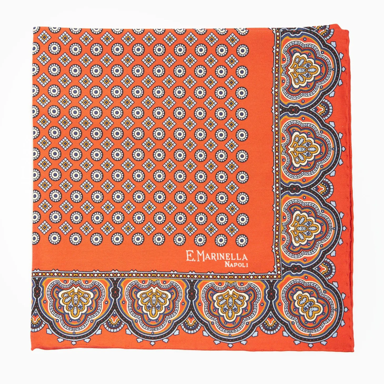 Orange Hand-Printed Silk Pocket Square Small Flower Pattern