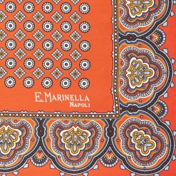 Orange Hand-Printed Silk Pocket Square Small Flower Pattern