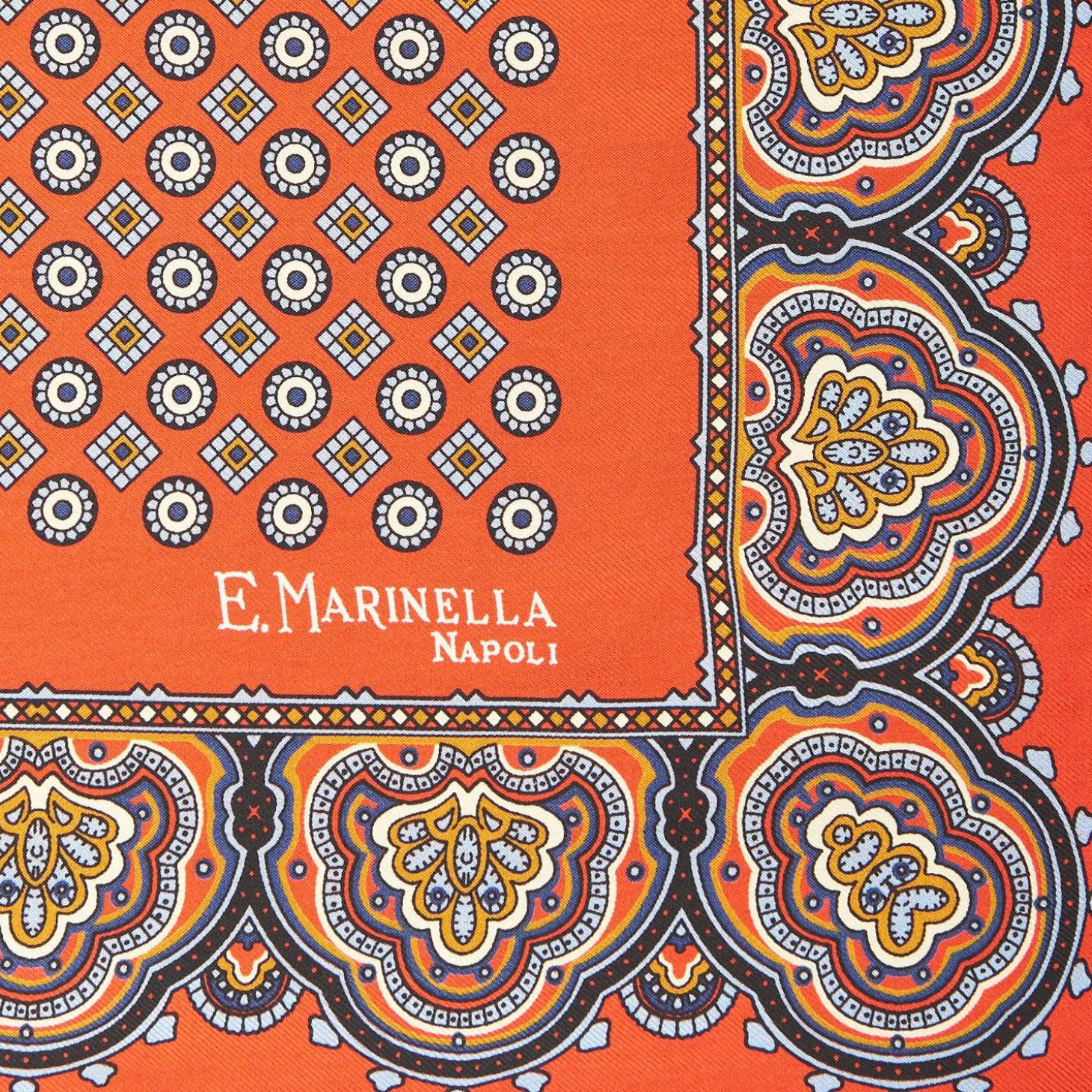 Orange Hand-Printed Silk Pocket Square Small Flower Pattern