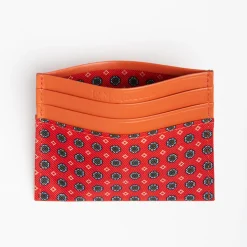 Orange Leather And Silk Credit Card Holder - 5 Compartments