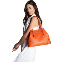 Orange Textured Leather Midi Tote Bag