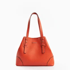 Orange Textured Leather Midi Tote Bag