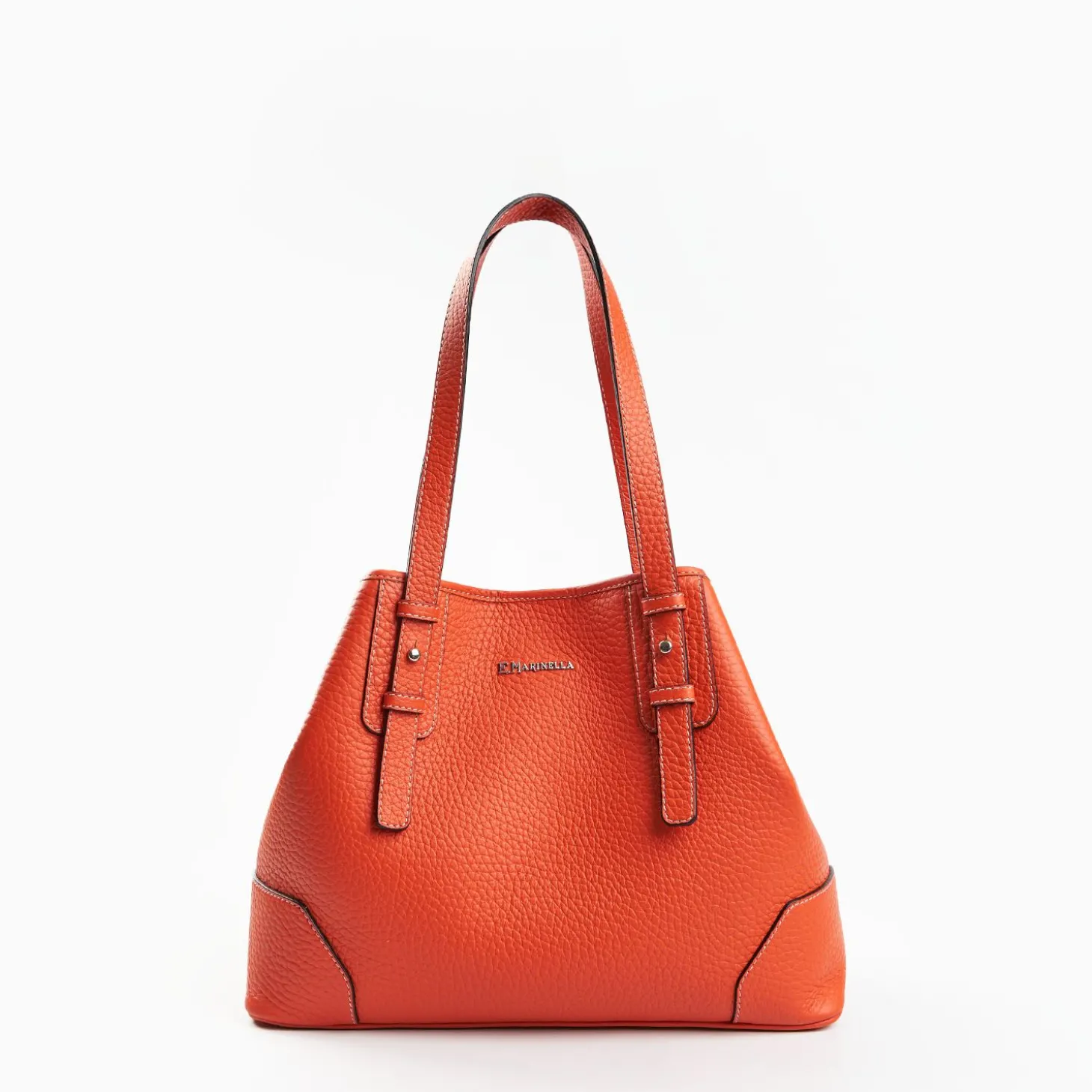 Orange Textured Leather Midi Tote Bag