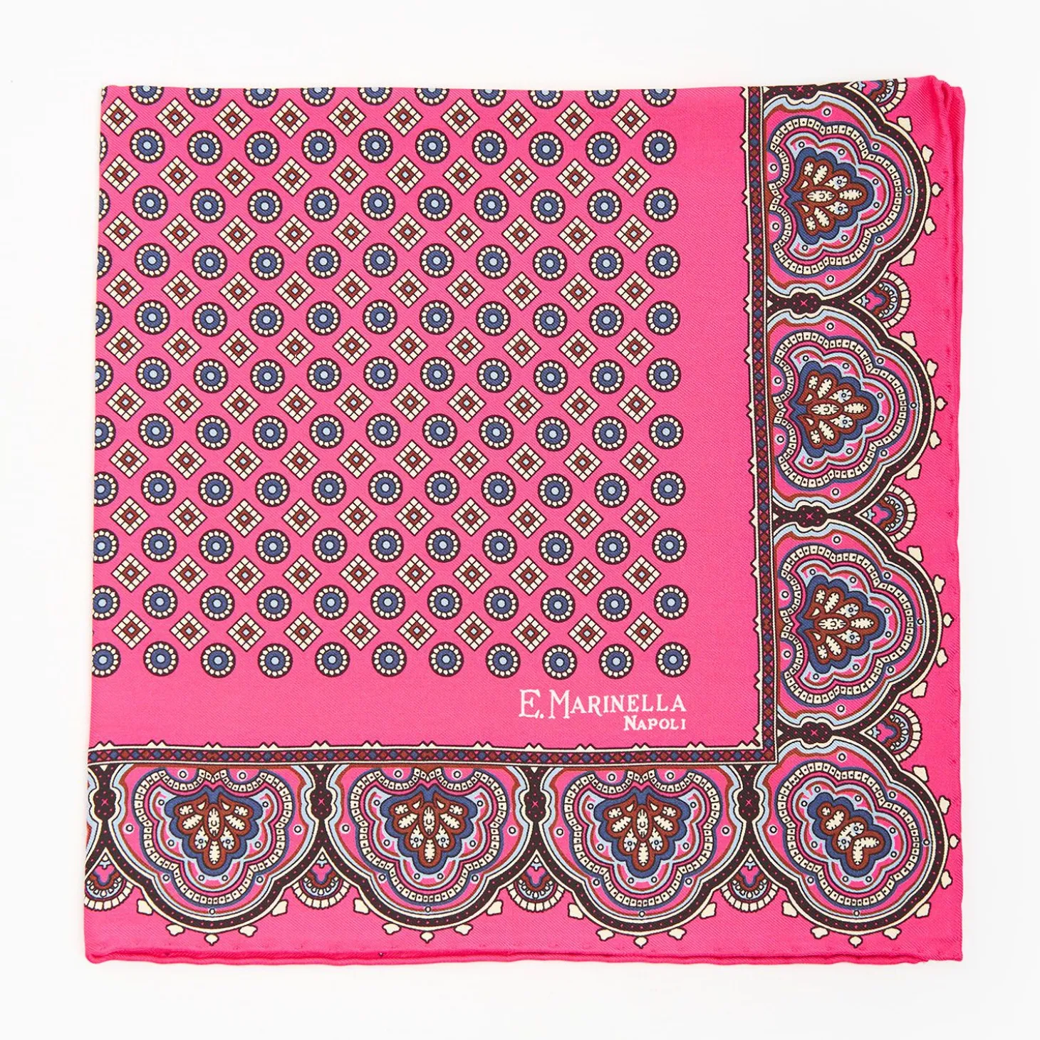 Pink Hand-Printed Silk Pocket Square Large Flower Pattern