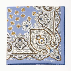 Powder Blue Hand-Printed Silk Pocket Square - Large Flower Pattern