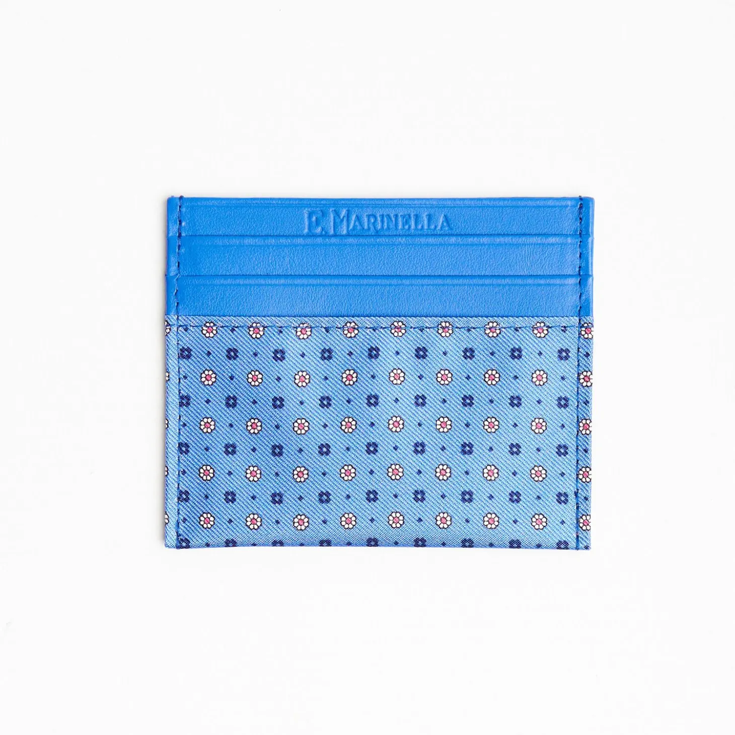 Powder Blue Leather And Silk Credit Card Holder - 5 Compartments