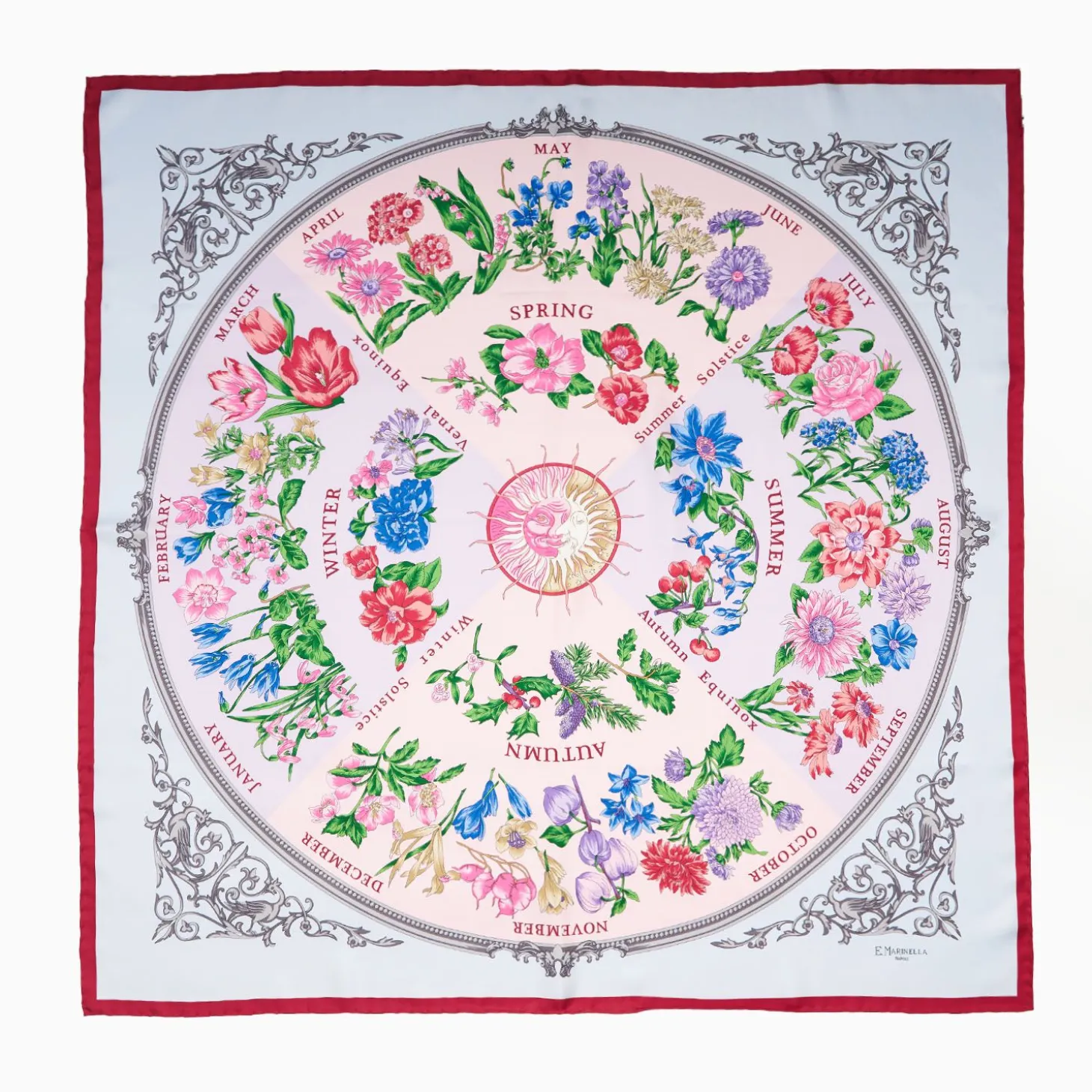 Red And Pink Silk Scarf 90 - The Wheel Of Seasons