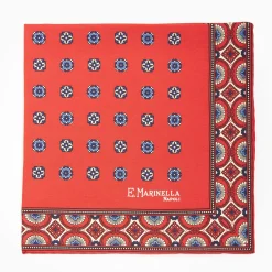 Red Hand-Printed Silk Pocket Square Large Flower Pattern