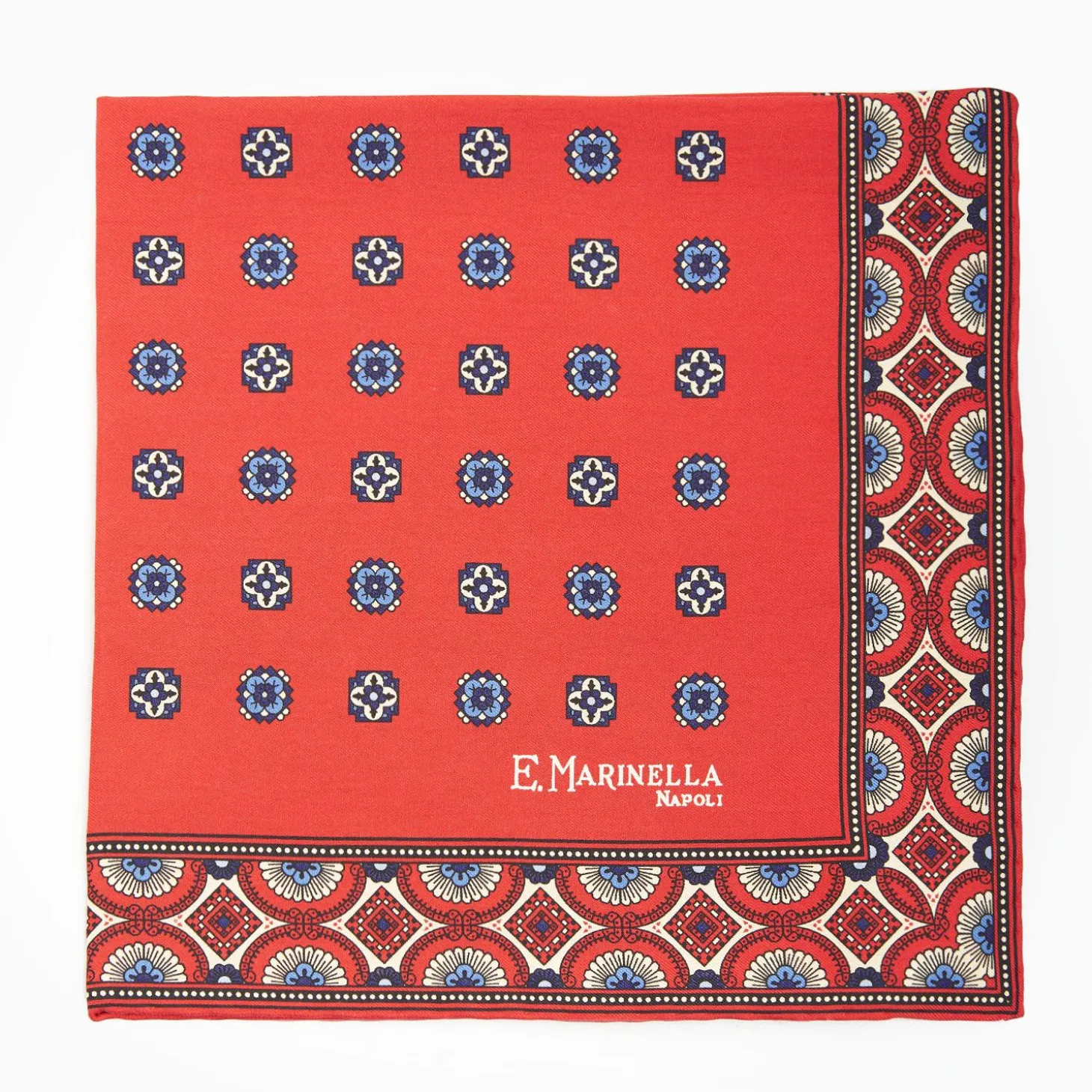 Red Hand-Printed Silk Pocket Square Large Flower Pattern