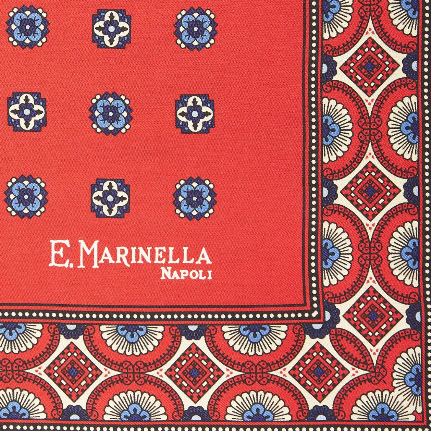 Red Hand-Printed Silk Pocket Square Large Flower Pattern