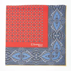 Red Hand-Printed Silk Pocket Square Small Flower Pattern
