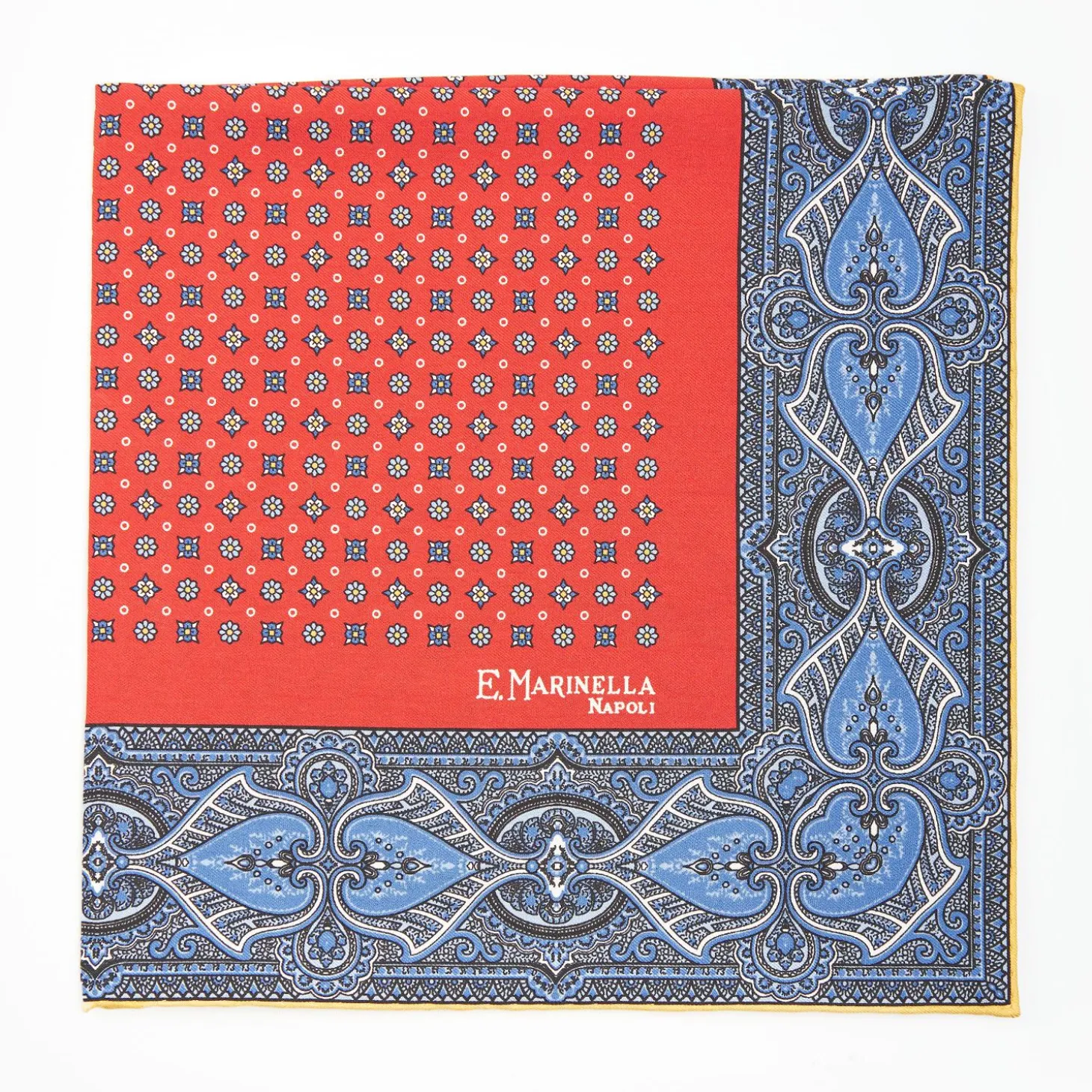 Red Hand-Printed Silk Pocket Square Small Flower Pattern