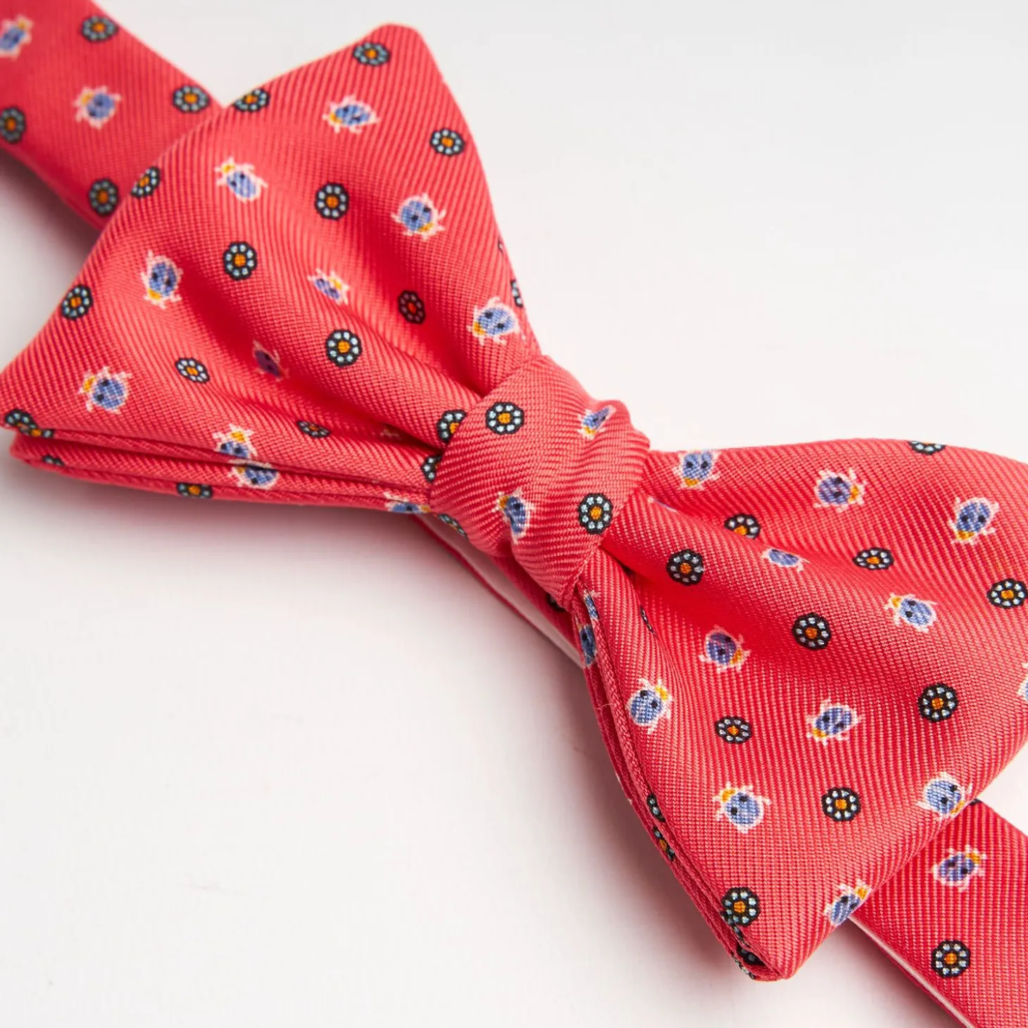Salmon Pink Pre-Knotted Silk Bowtie - Small Flower Pattern