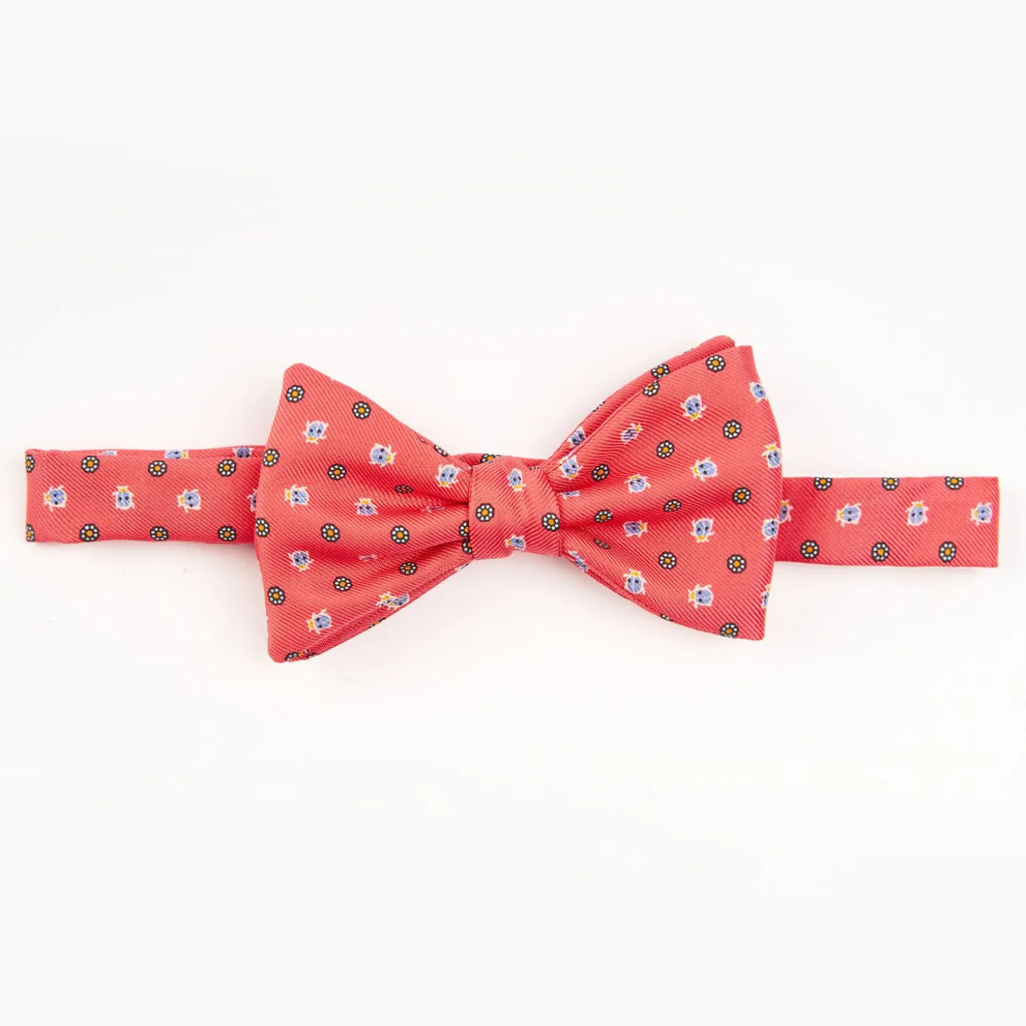 Salmon Pink Pre-Knotted Silk Bowtie - Small Flower Pattern