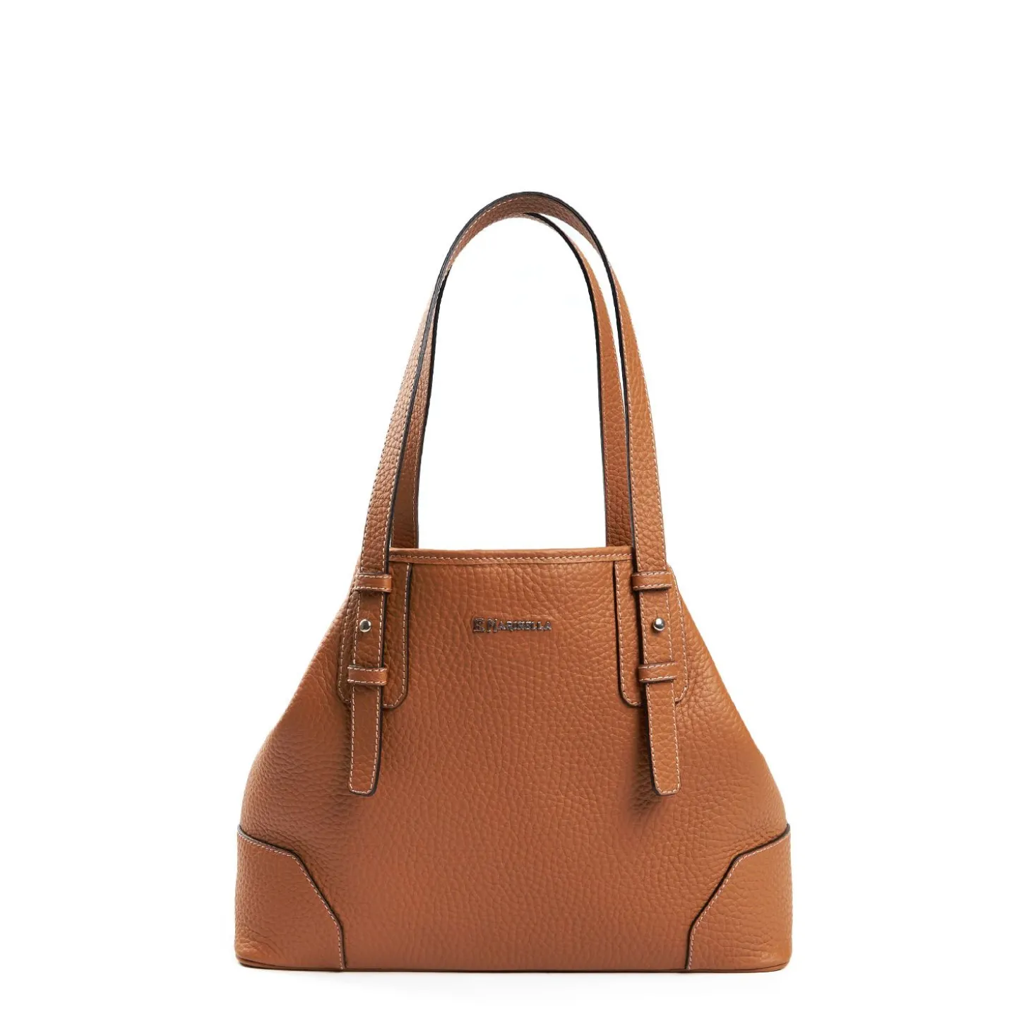Tan Textured Leather Midi Tote Bag
