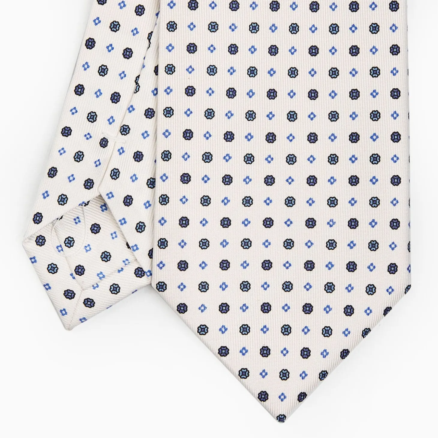White Extra Long Sartorial Silk Tie - Small Flower Pattern
