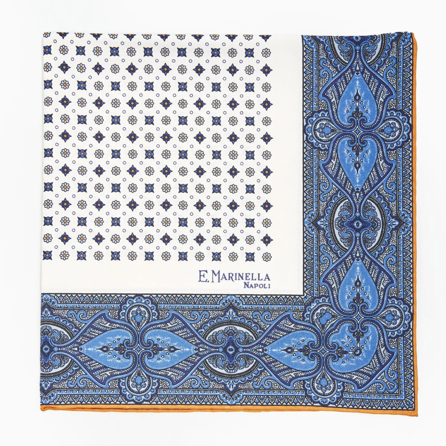 White Hand-Printed Silk Pocket Square Small Flower Pattern