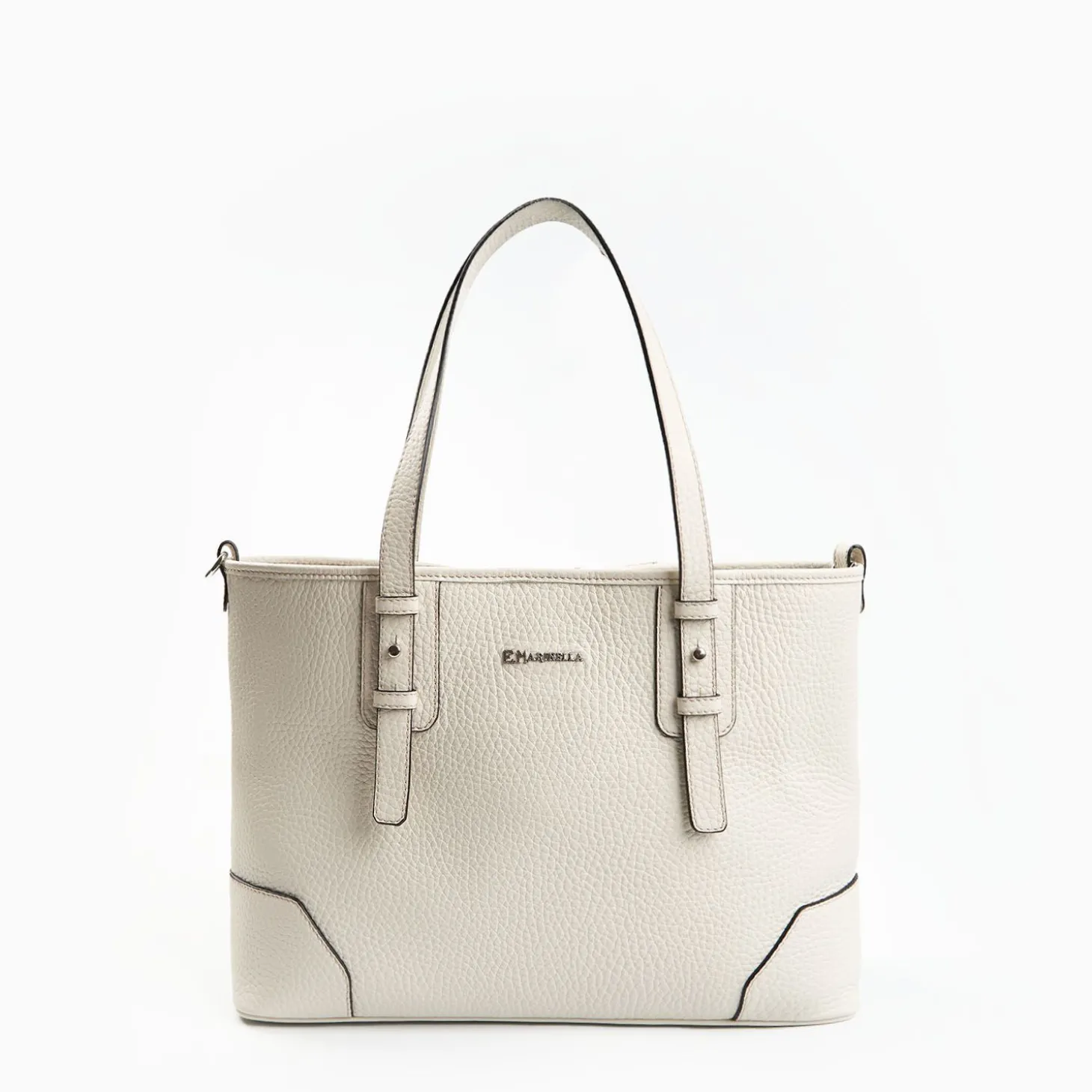 White Textured Leather Midi Tote Bag