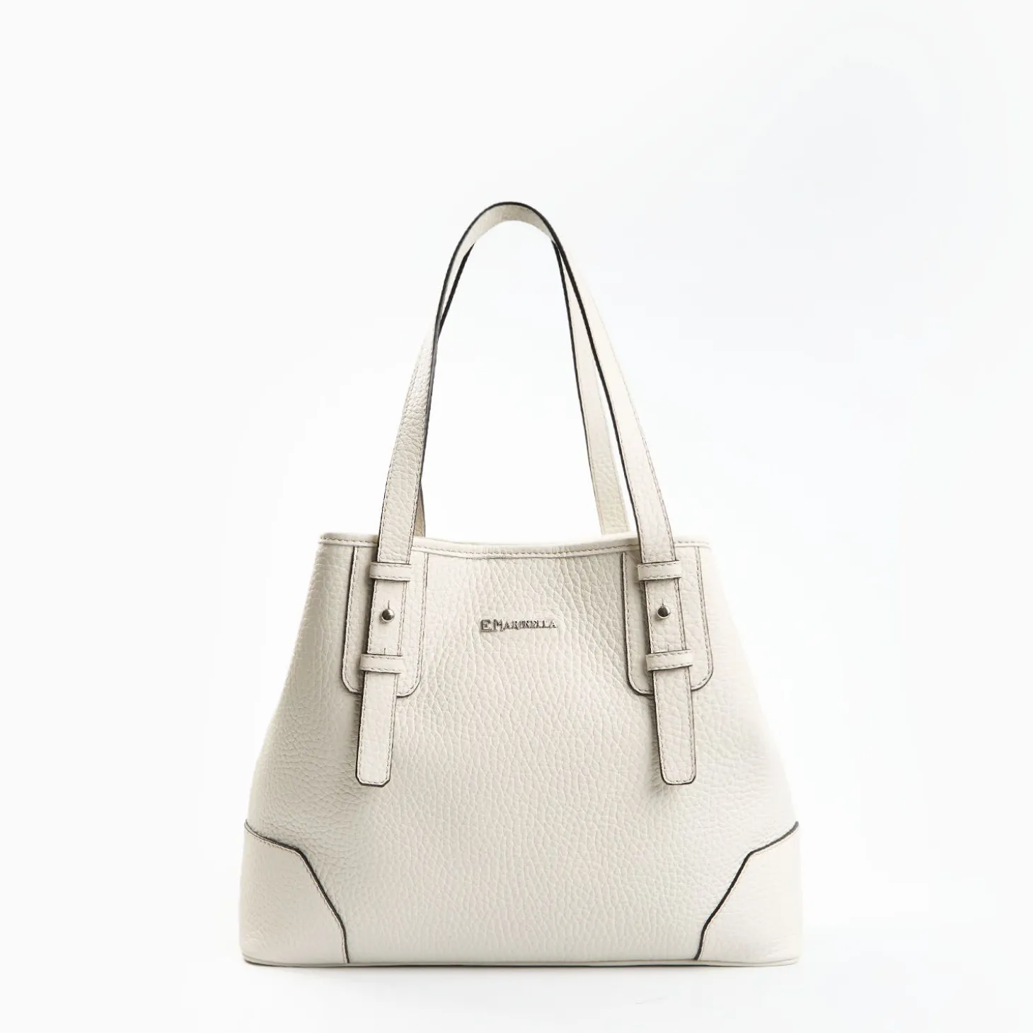 White Textured Leather Midi Tote Bag