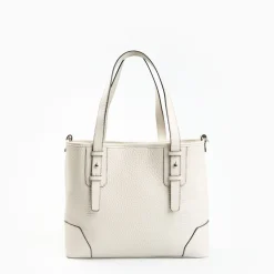 White Textured Leather Midi Tote Bag