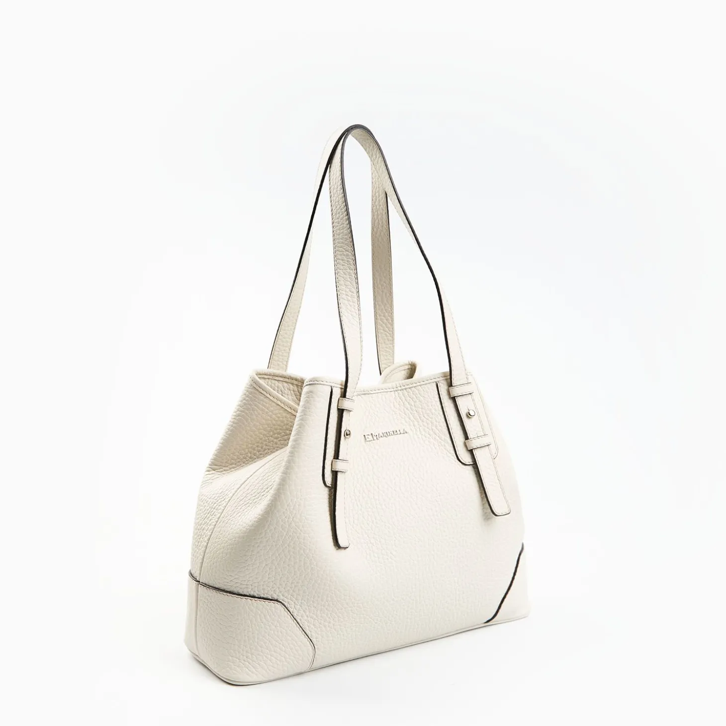 White Textured Leather Midi Tote Bag