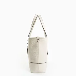 White Textured Leather Midi Tote Bag