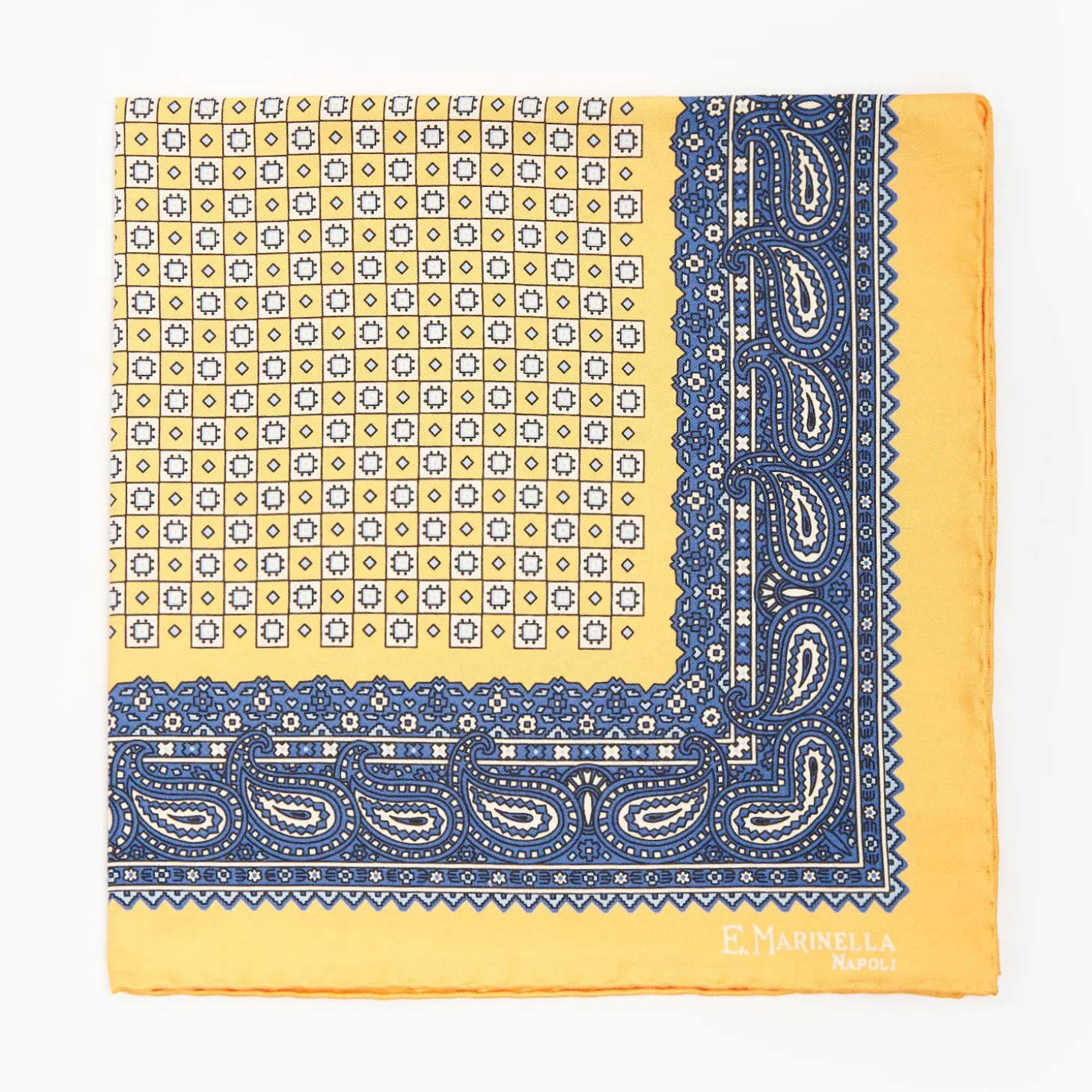 Yellow Hand-Printed Silk Pocket Square Large Flower Pattern