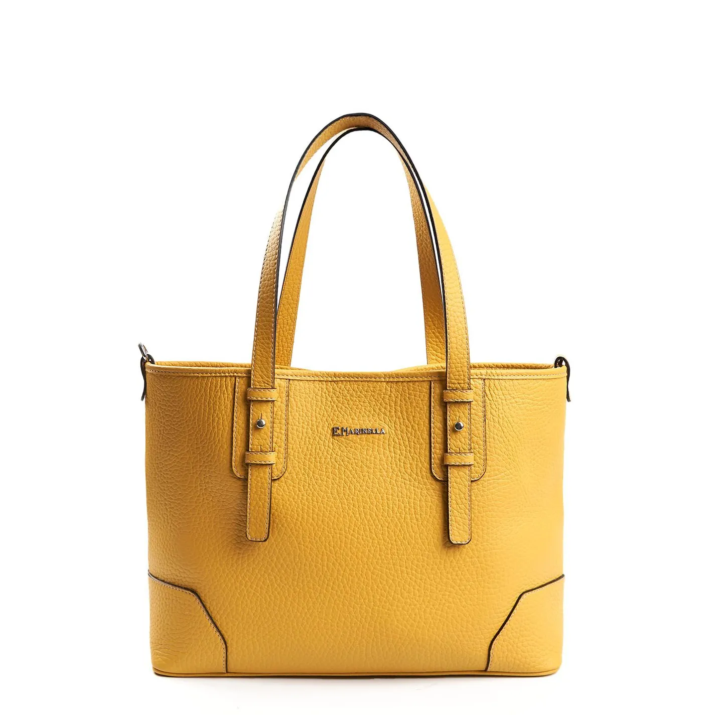 Yellow Textured Leather Midi Tote Bag