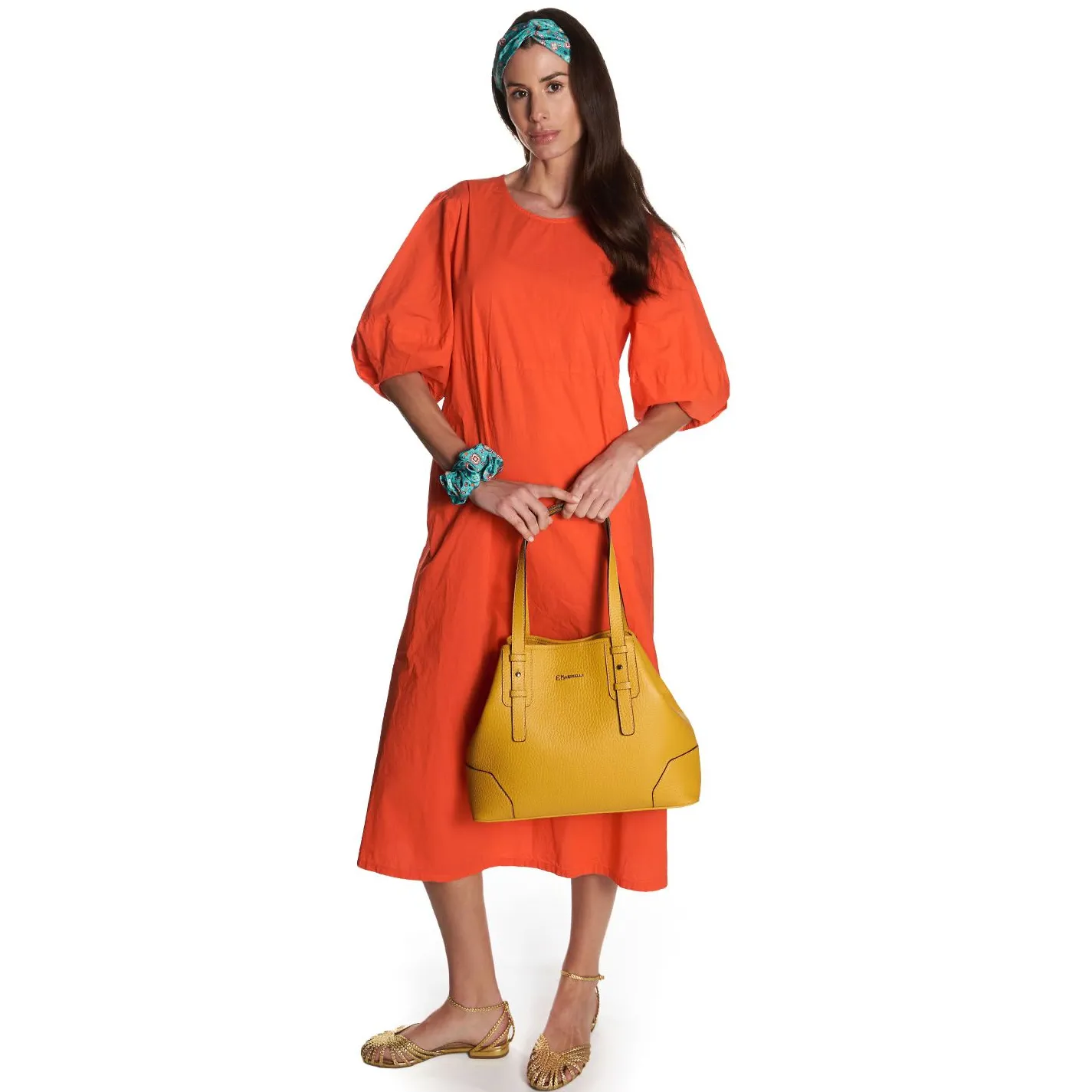 Yellow Textured Leather Midi Tote Bag